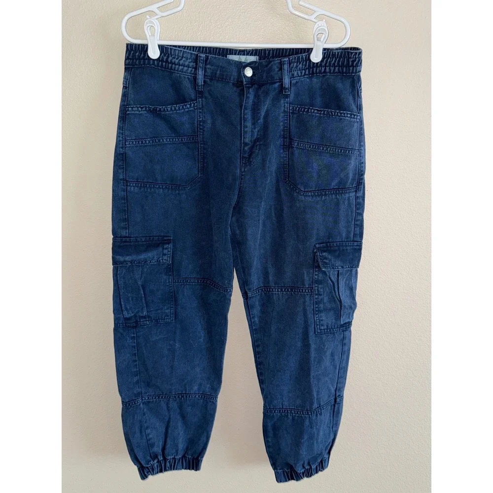 Free People We the Free Blue Denim Cargo Jogger Pants High Rise Utility Indigo
